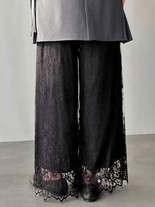 FRIFUL Women's Elastic Waist Full Lace Wide Leg Pants - Black - View 4