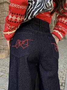 DAZY 女士/女孩休闲蝴蝶结刺绣水洗牛仔裤 - 藍色 - 查看 5