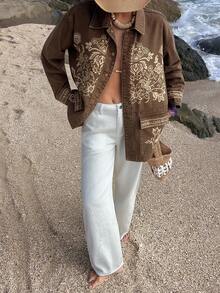 DAZY Women's Lapel Loose Bohemian Floral Pattern Urban Casual Denim Jacket And Coat - Brown - View 4