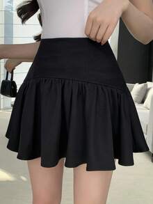 FRIFUL Women's Super Short Mini Ruffled Hem Pleated Sweet A-Line Skirt, Summer Outfit - Black - View 4
