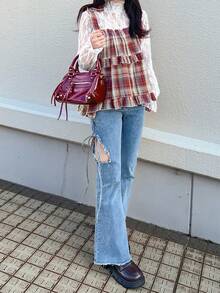 FRIFUL 女士格子棉质吊带背心，肩部系带蝴蝶结，A字下摆和荷叶边装饰，宽松休闲百搭背心 - 彩色 - 查看 2