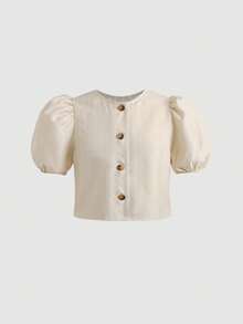 SHEIN Tween Girl Casual Striped Puff Sleeve Button-Up Top And Wide Leg Pants Set, Spring/Summer - Apricot - View 2