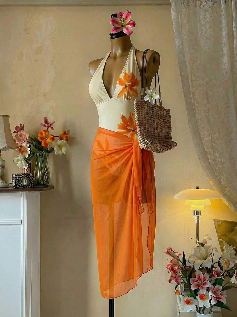 SHEIN MOD 2件套露背褶皱连体衣，带蝴蝶结罩衫 - 彩色 - 查看 1