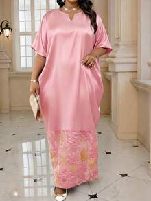 Fleurora Đầm dự tiệc dáng rộng, cổ chữ V, chất liệu jacquard, dành cho nữ cỡ lớn. - Hồng - Xem 4