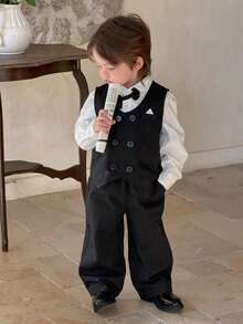 DAZY 3pcs Baby Boy Korean Style Party/Birthday White Long Sleeve Shirt, Pants And Bow Tie Gentleman Suit Set - Black - View 7