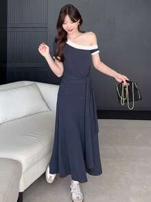 DAZY Women's Casual Lace Trim Asymmetric-Shoulder Mid-Length Dress, Summer - Blue - View 4