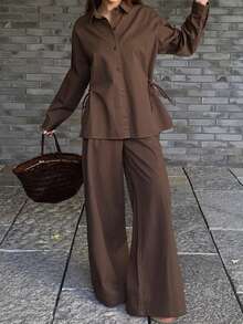 DAZY Women's Collared Side Tie Shirt And Loose Wide Leg Jeans Casual 2-Piece Suit