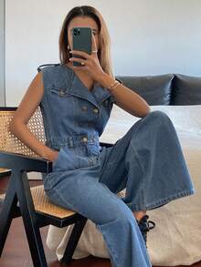 DAZY 女士无袖收腰休闲优雅牛仔连体裤