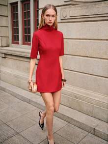 Lumivelle Women's Elegant Modern High-Waisted Sleeveless Short Dress Mock Neck Dress Red Elegant Dress Women Half Sleeve Dress - Red - View 3