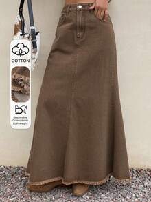 DAZY Chân váy ngắn denim đuôi cá màu trơn, kiểu dáng thường ngày, viền tua rua, dành cho nữ, thích hợp cho mùa xuân/hè. - màu nâu - Xem 1