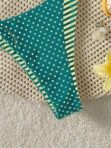 Swim Mod 2件套女士双面条纹波点印花休闲比基尼泳衣套装 - 綠色 - 查看 6