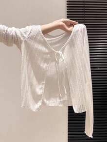 Resyla Women's Lightweight Tie Front Long Sleeve Blouse, Suitable For Summer Vacation - White - View 1