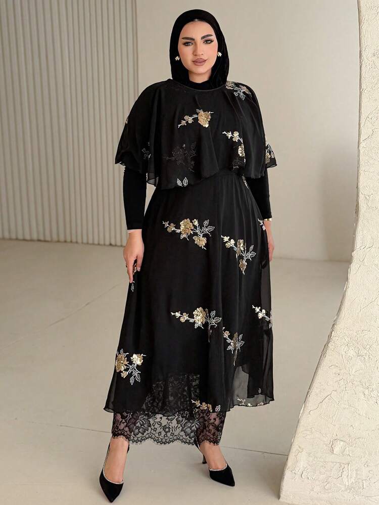 Dazy Plus Plus Size Women's Elegant Sequin Patchwork Chiffon Dress With Cinched Waist, Suitable For Banquet And Party, Spring/Summer, Black Dress Sundress