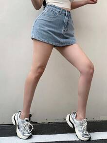 Pantalones cortos vaqueros versátiles y de moda para mujer, para primavera y verano, tipo falda-pantalón - Azul - Ver 4