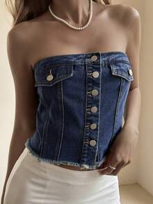 Livesso 女士短款牛仔背心，带大口袋，休闲街头风外套，适合春夏穿着，Y2K风格抹胸上衣 - 藍色 - 查看 5