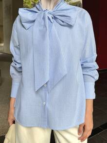 DAZY Women's Elegant Striped Tie Neck Blouse, Spring/Summer - Blue - View 8