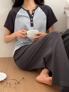 DAZY Casual Contrast Color Raglan Sleeve Loose Women's Pajama Set - Blue - View 6