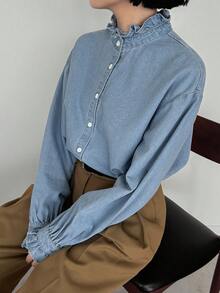 FRIFUL Women's Casual Washed Denim Long Sleeve Shirt