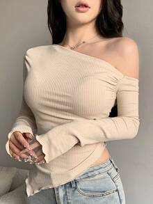 DAZY 女士休闲纯色不对称长袖 T 恤，春秋季 - 杏色 - 查看 5