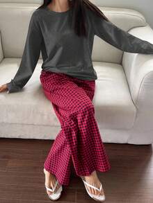 DAZY Set de 2 piezas de ropa de casa para mujer, que incluye una blusa suelta de unicolor y pantalones de pijama a cuadros largos, para primavera - Gris Oscuro - Ver 4