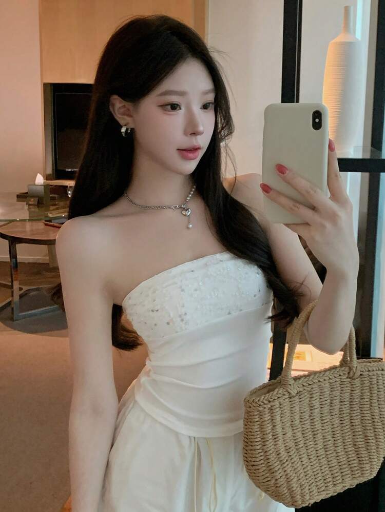 Sequin Patchwork Fitted Bandeau Casual Summer Top For Women