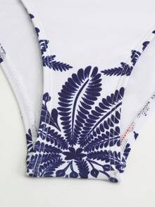Swim Oasis 大码女式时尚连体泳衣，印花裙摆，可调节肩带，修身设计，休闲度假套装 - 藍色 - 查看 6