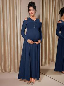 Momance Maternity Raglan Sleeve Button Front Rib-Knit A-Line Midi Dress, Spring/Autumn - Royal Blue - View 5