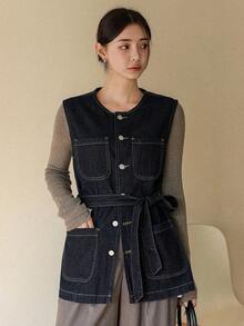 Dazy-Less 女士秋冬圆领单排扣多口袋休闲无袖牛仔外套 - 藍色 - 查看 9