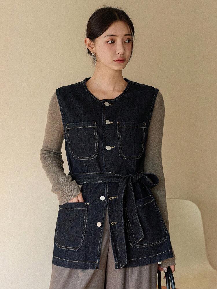 Women's Autumn/Winter Round Neck Single-Breasted Multi-Pocket Casual Sleeveless Denim Jacket