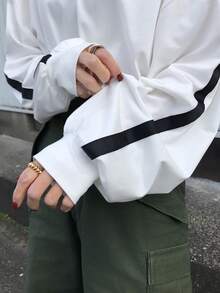 FRIFUL 女士宽松版型 Polo 领长袖撞色缎带拼接 T 恤 - 白色 - 查看 7