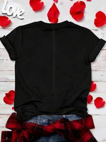 SHEIN CURVE+ Áo thun ngắn tay cổ tròn đính đá hình trái tim dành cho nữ cỡ lớn, thích hợp cho ngày Valentine. - màu đen - Xem 2