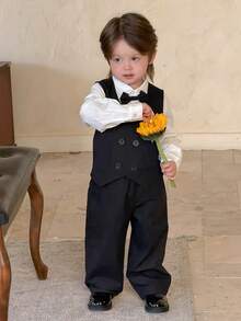 DAZY 3pcs Baby Boy Korean Style Party/Birthday White Long Sleeve Shirt, Pants And Bow Tie Gentleman Suit Set - Black - View 2