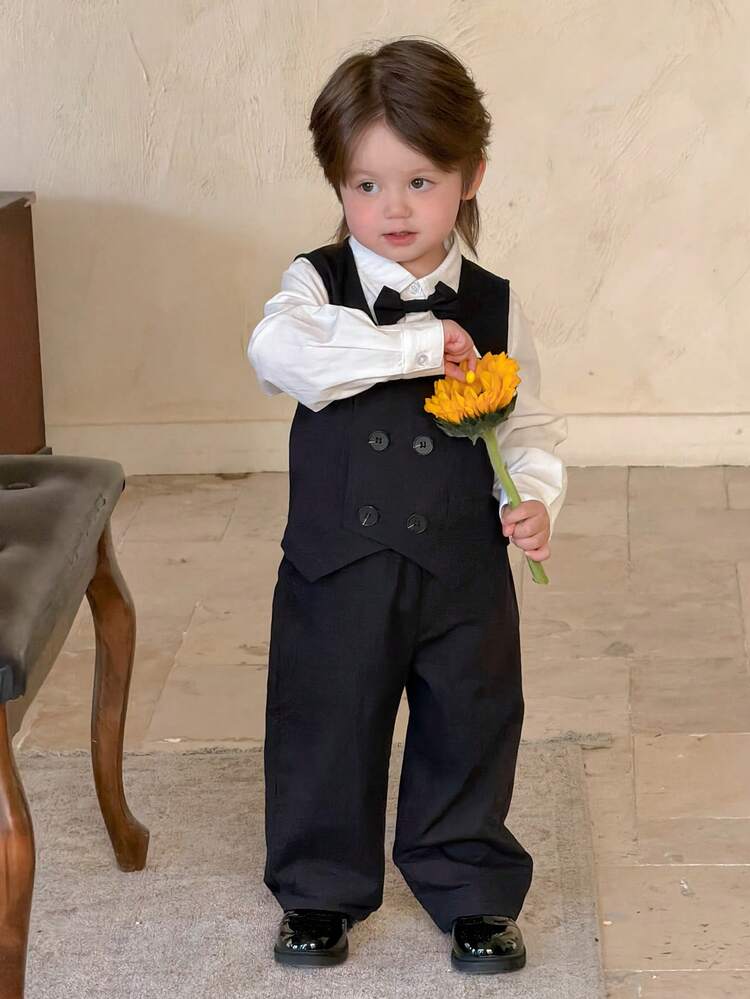 3pcs Baby Boy Korean Style Party/Birthday White Long Sleeve Shirt, Pants And Bow Tie Gentleman Suit Set