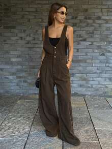 DAZY Women's V-Neck Urban Casual Denim Bib Pants And Jumpsuit - Coffee Brown - View 3