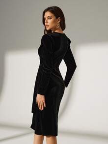 Bluhae Váy quấn nhung thanh lịch mùa thu cho nữ Maxi - màu đen - Xem 2