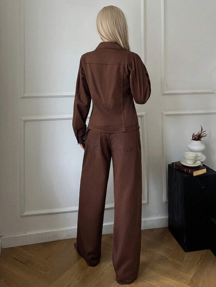 Women's Casual Denim Jacket And Loose Fit Pants Set, Autumn/Winter