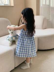 DAZY 女童圆领韩版格子休闲无袖家居服 - 藍色 - 查看 3