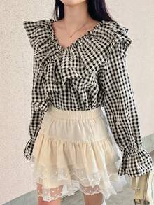 FRIFUL 女士格子棉质多层领荷叶边袖口宽松休闲百搭衬衫 - 黑色 - 查看 8