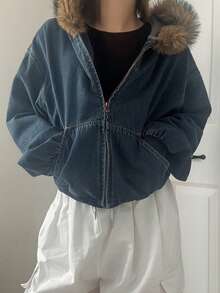 FRIFUL Áo khoác denim nữ kiểu retro thường ngày có mũ trùm đầu và cổ lông giả - Màu xanh lam - Xem 3