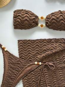 Swim Vcay 3 sztuki/zestaw eleganckich i modnych damskich strojów kąpielowych w jednolitym kolorze z ozdobnym przodem i ramiączkami typu spaghetti, lato, wiosna, walentynki, na co dzień, na imprezę, na plażę - Brązowy - Zobacz 3