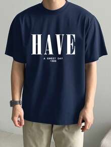 DAZY Men's Letter Print Short Sleeve T-Shirt, Navy Blue, Summer - Navy Blue - View 3