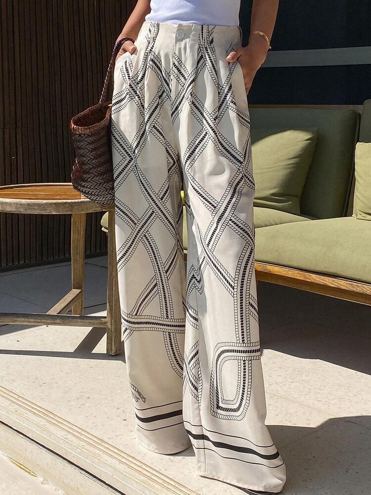 Women's Casual Vacation Style All-Over Print Slant Pocket Pleated Loose Wide Leg Pants, Spring/Summer/Autumn