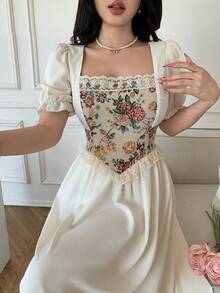Celisse Women's Floral Jacquard Patchwork Midi Dress With Puff Sleeves, Elegant Romantic Wedding Day Party Date Beige Summer - Apricot - View 1