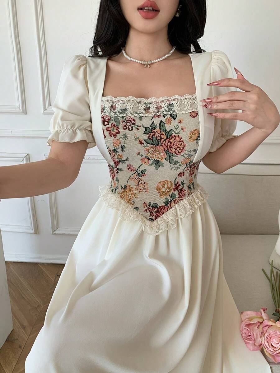 Celisse Women's Floral Jacquard Patchwork Midi Dress With Puff Sleeves, Elegant Romantic Wedding Day Party Date Beige Summer - Apricot - View 1
