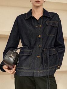 Dazy-Less Women's Denim Jacket, Fashionable Casual Business Style, Suitable For Autumn, Spring, Summer, Street Style, New Year, Christmas - Blue - View 3