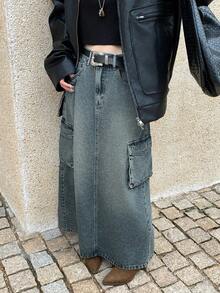 DAZY 女士工装口袋水洗做旧牛仔裙 - 藍色 - 查看 2