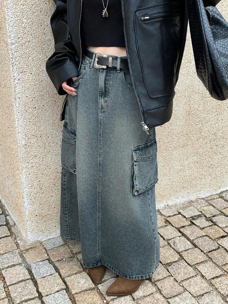 Women's Cargo Pocket Washed Distressed Denim Skirt