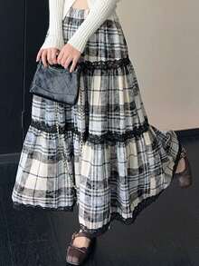 DAZY Women's Retro Plaid Lace Patchwork A-Line High Waist Skirt - Multicolor - View 8