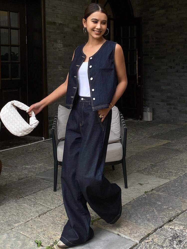 Women Tall Size Round Neck Open Front Denim Vest And Straight Leg Jeans Casual Suit