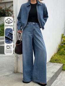 DAZY Women's Denim Jacket With Collar & Zipper And Loose Straight-Leg Jeans Casual Suit - Medium Wash - View 1